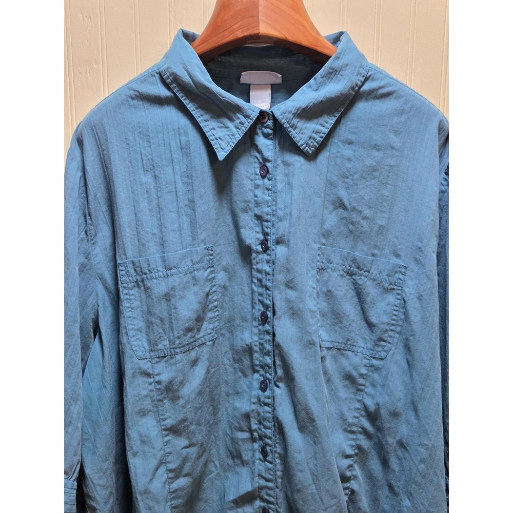 Liz & Me Shirt Womens 3X Blue Button Front Roll Tab 3/4 Sleeve Tunic Top Plus